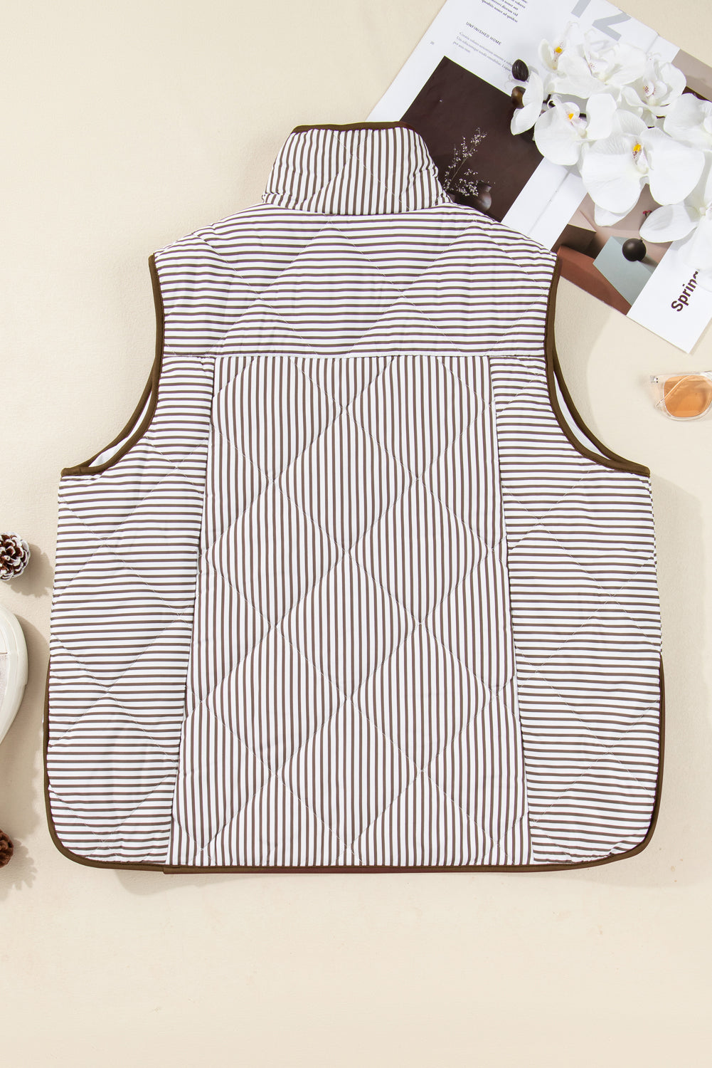 Brown Stripe Quilted Vest Plus Size Snap Button Wavy Hem Dear-Lover Dropshipping